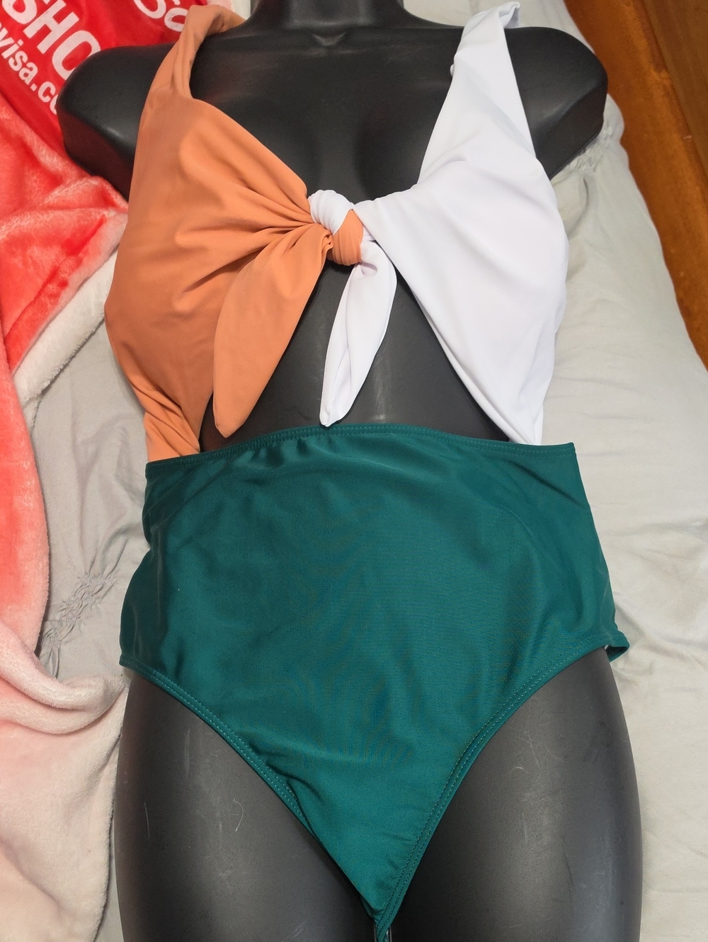 Source Unknown Colorblock One-Piece Swimsuit - White, Terracotta & Teal